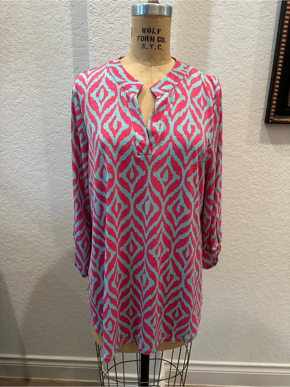 Pink and Aqua Geometric Split-Neck Tunic